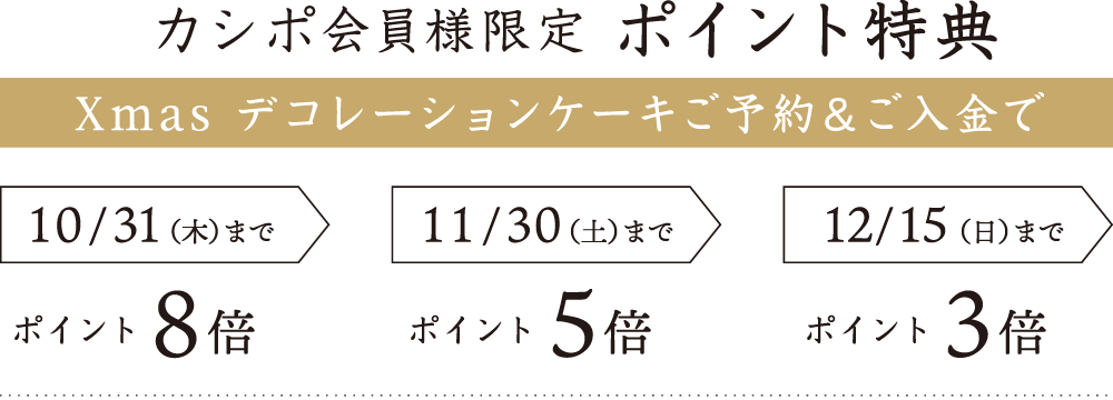 カシポ会員様限定ポイント特典。Xmasデコレーションケーキご予約＆ご入金でポイント3～8倍